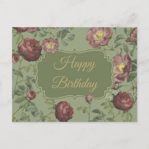 Cartão Postal Elegantes Rosas de Jardim Vintage Feliz Aniversári