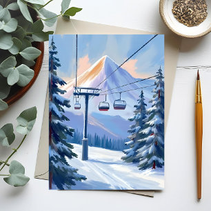 Cartão Postal Elevador de Esqui Aquarela de Inverno na Montanh