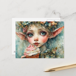 Cartão Postal Elf Adorável com um Cupcake