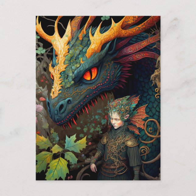 Cartão Postal Elf E Dragon Fantasy Art (Frente)