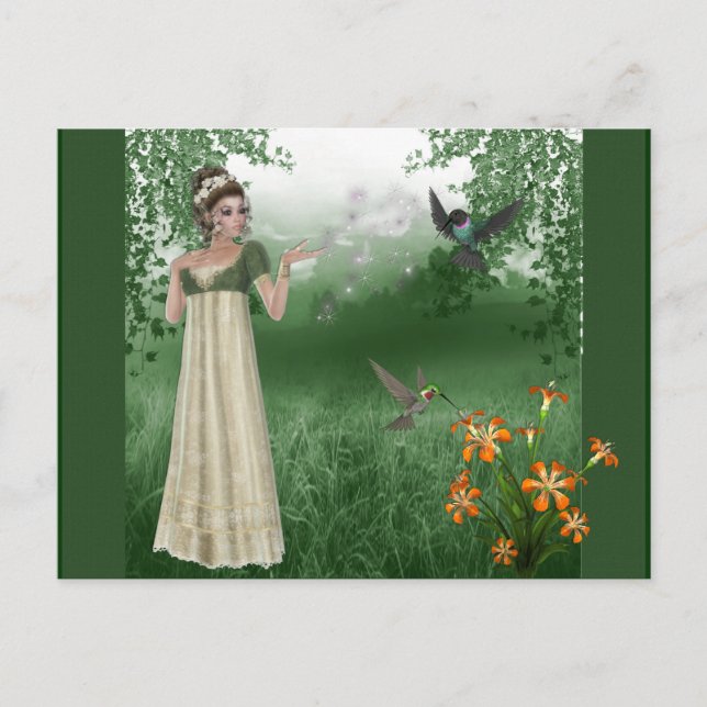 Cartão Postal Elf Magic no campo de grama com beija-flores (Frente)