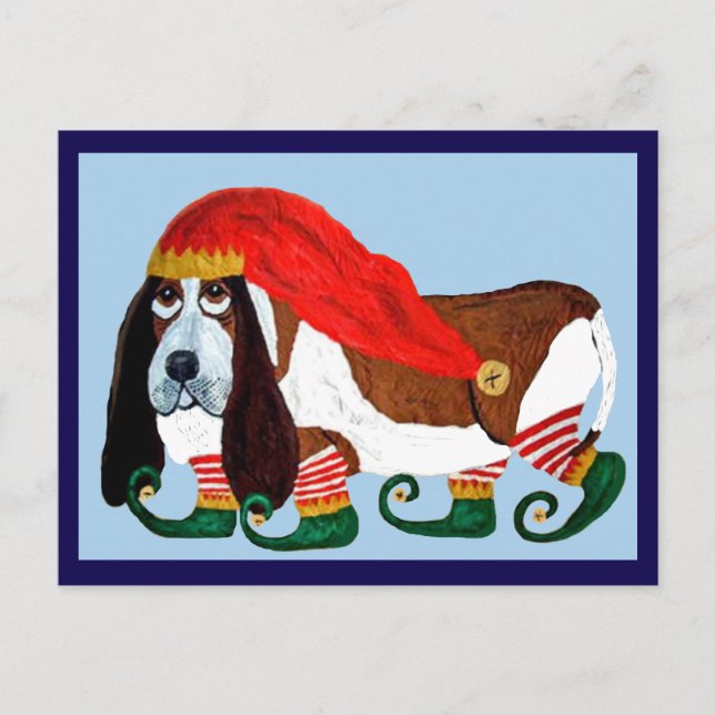 Cartão Postal Elfo Basset Hound de Natal (Frente)