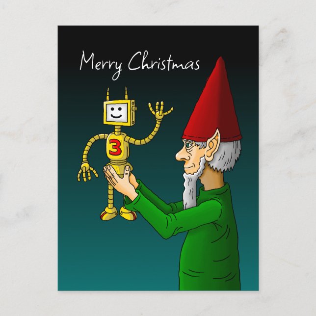 Cartão Postal elfo de Natal com o robô acenando (Frente)