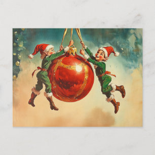 Cartão Postal Elfos de Natal Vintage Com um Enorme Enfeite