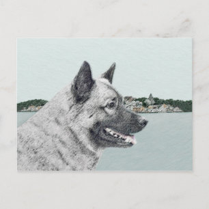 Cartão Postal Elkhound norueguês na pintura da vila - Arte canin