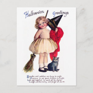 Cartão Postal Ellen H. Clapsaddle: Bruxinha com Gato