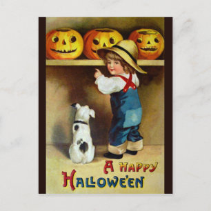 Cartão Postal Ellen H. Palheta: Rapaz, Cachorro e Jack O'Lantern