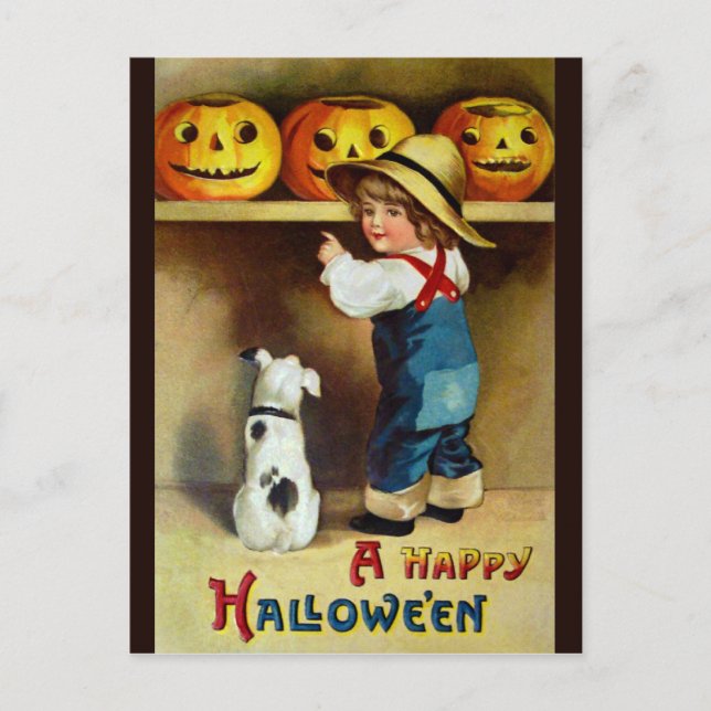 Cartão Postal Ellen H. Palheta: Rapaz, Cachorro e Jack O'Lantern (Frente)