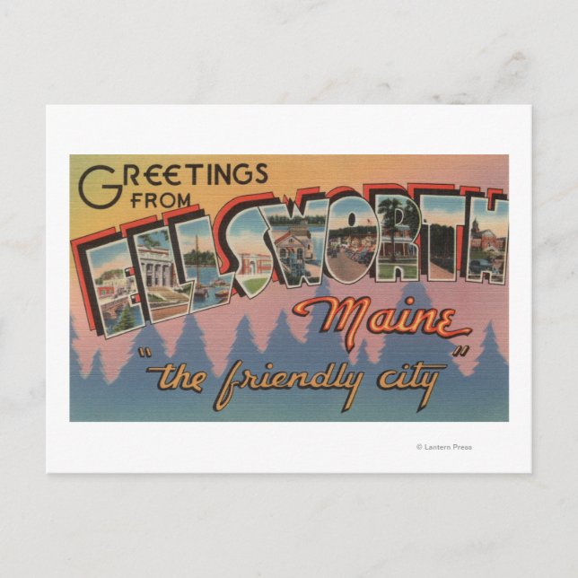 Cartão Postal Ellsworth, Maine - Cenas com Letras Grandes (Frente)