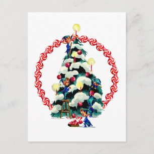 CARTÃO POSTAL ELVES, ÁRVORE E CANDY WREATH DE SHARON SHARPE