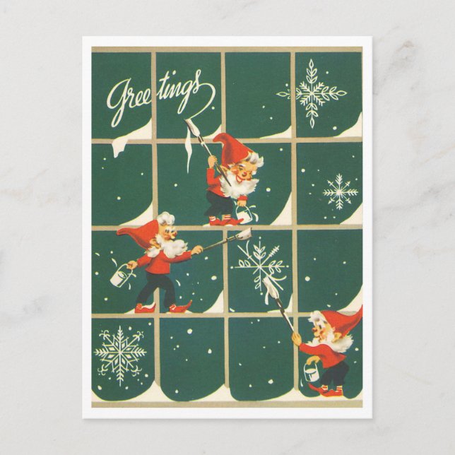 Cartão Postal Elves Christmas Holiday Decorating Window Retro (Frente)