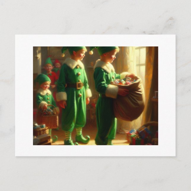 Cartão Postal Elves com presentes. (Frente)