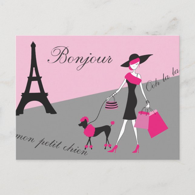 Cartão Postal Em Paris, Mulher e Cachorro Rosa e Negro (Frente)