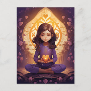 Cartão Postal Em Paz, Meditando Bonito Yoga Girl Purple Hearts