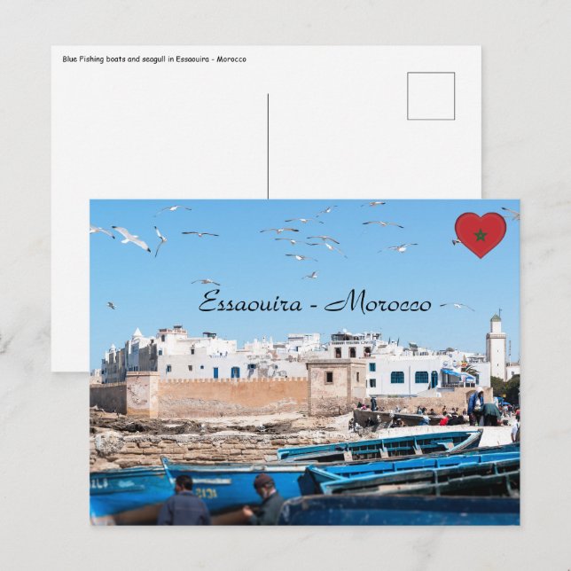 Cartão Postal Embarcações de pesca azul em Essaouira - Marrocos (Frente/Verso)