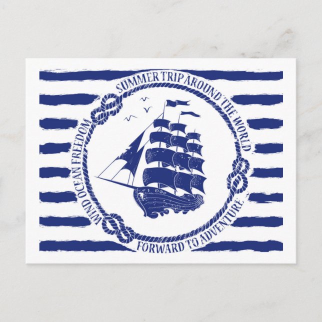 Cartão Postal Emblema náutico com navio à vela (Frente)