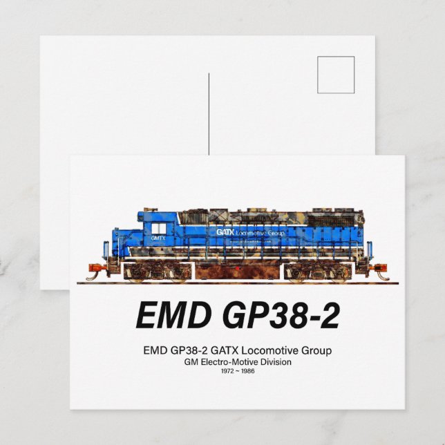 Cartão Postal EMD GP38-2 Locomotive diesel azul e branco GATX (Frente/Verso)
