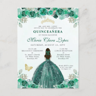 Cartão Postal Emerald Green Dourada Princesa Floral Quinceañera