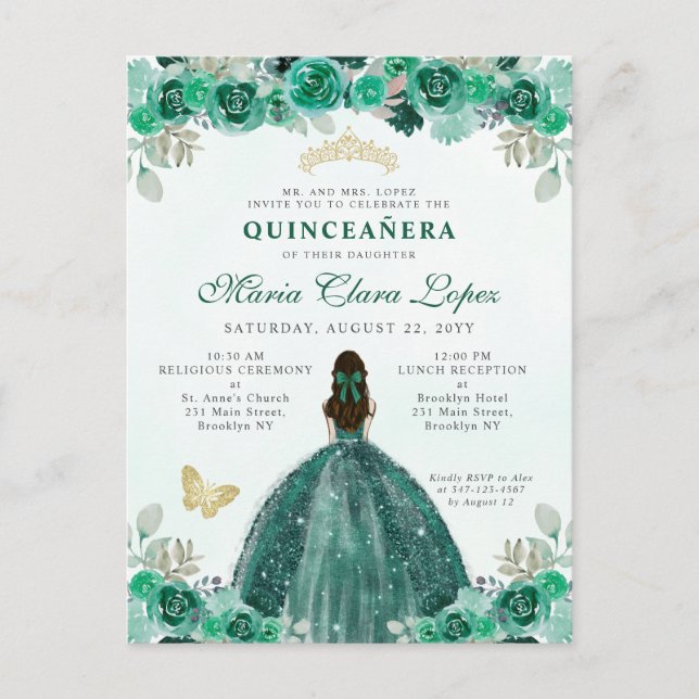 Cartão Postal Emerald Green Dourada Princesa Floral Quinceañera (Frente)