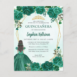 Cartão Postal Emerald Green Dourada Princesa Floral Quinceañera