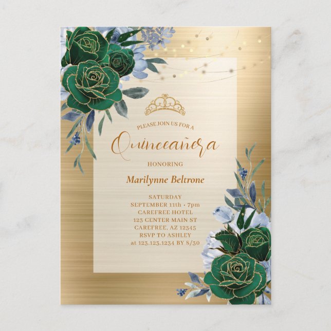 Cartão Postal Emerald Green Dourado Floral Quinceañera (Frente)