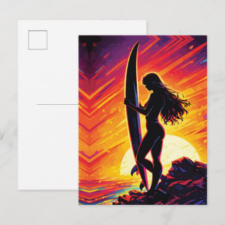 Cartão Postal Empowering Surfer Girl Sunset Silhouette Pop Art
