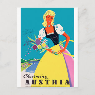Cartão Postal Encantadora Áustria, mulher com flores, ilustraç