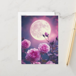 Cartão Postal Encantadora Lua Rosa & Rosas em Flor Arte Fantasia