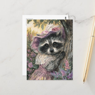 Cartão Postal Encantadora Raccoon em um vestido cor-de-rosa