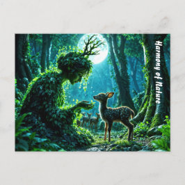 Cartão Postal Enchanted nature guardian feeding a baby fawn