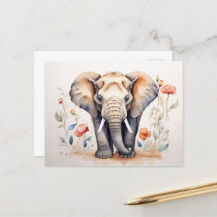 Cartão Postal Encharcando Elephant & Blooms Watercolor Painting