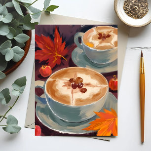 Cartão Postal Encontro de Latte de Outono   Aquarela de Folhas d