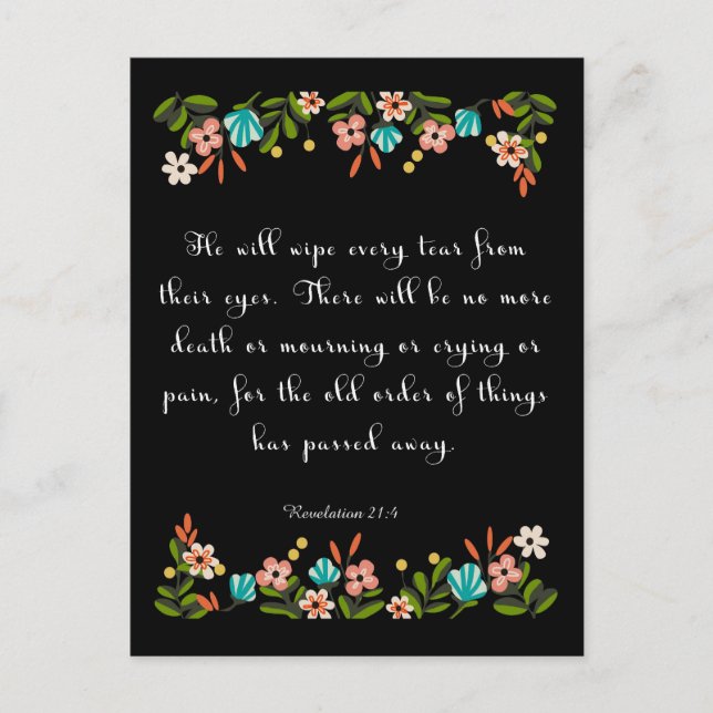 Cartão Postal Encorajando a Bíblia Versa Arte - Revelação 21:4 (Frente)
