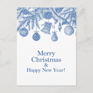 Cartão Postal Enfeite Azul Natal Feliz Chinoiserie