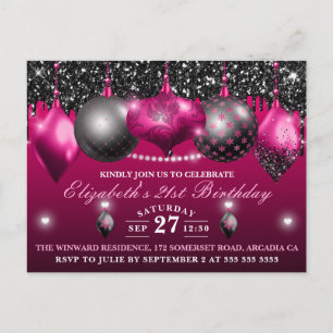 Cartão Postal Enfeite de Natal Preto e Rosa Choque de Aniversári