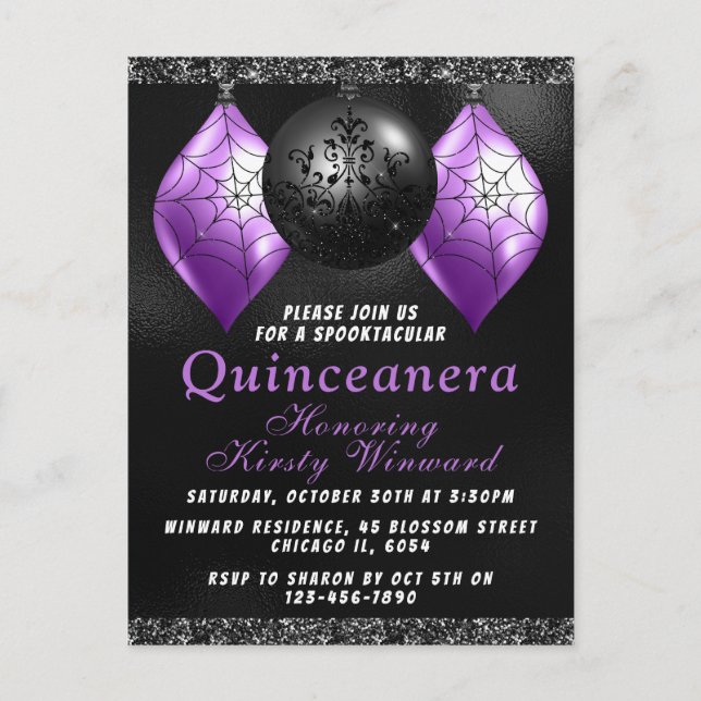 Cartão Postal Enfeites de Halloween Preto Roxo Quinceañera (Frente)