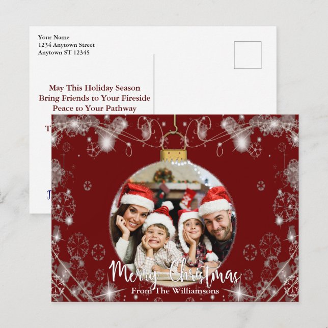 Cartão Postal Enfeites de natal fotográfico com espirais de neve (Frente/Verso)