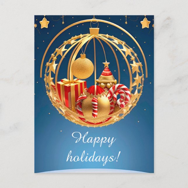 Cartão Postal Enfeites Festivos de Natal Vermelhos Dourados Bril (Frente)