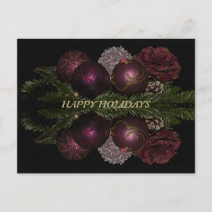 Cartão Postal Enfeites Rosa Vermelho de Natal Folhas Verdes Pret