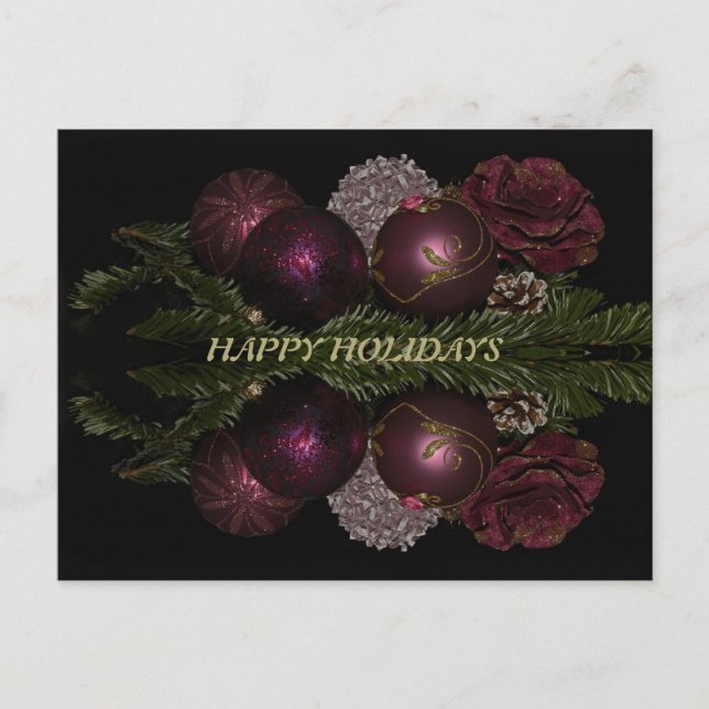 Cartão Postal Enfeites Rosa Vermelho de Natal Folhas Verdes Pret (Frente)