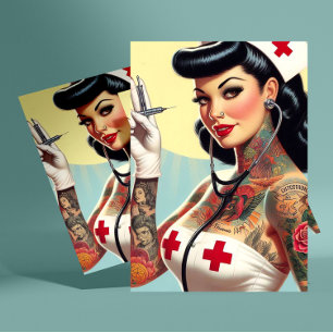 Cartão Postal Enfermeira Pin-up Tatuada Vintage