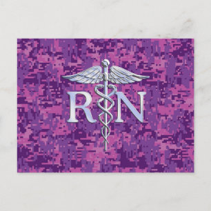 Cartão Postal Enfermeira Registrada RN Silver Caduceus em Pink C