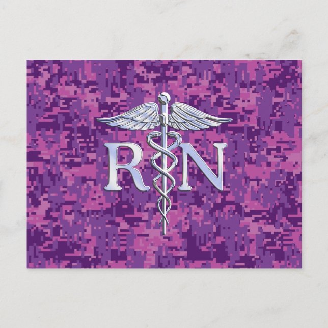 Cartão Postal Enfermeira Registrada RN Silver Caduceus em Pink C (Frente)