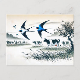 Cartão Postal Engordas voando sobre um campo de gado em tinta ch