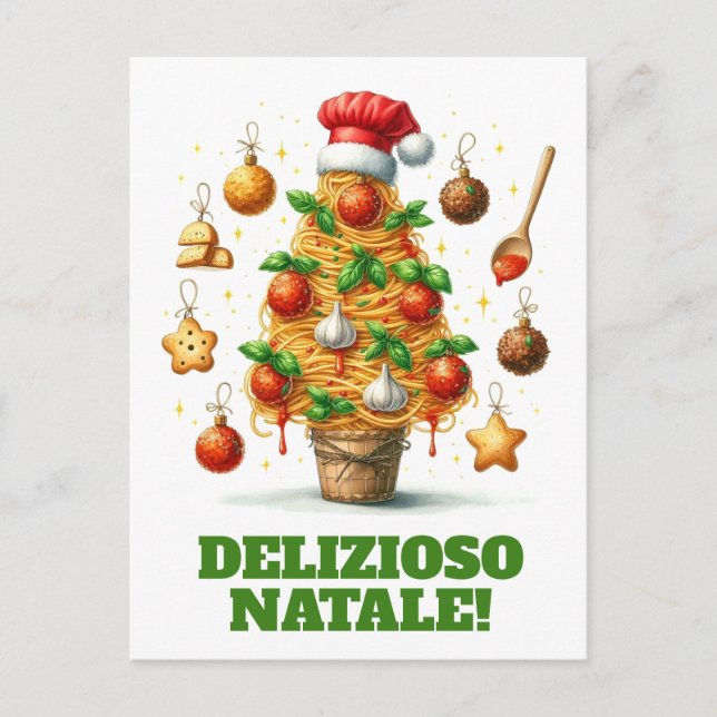 Cartão Postal Engraçada Árvore de Natal Delizioso Natale! (Frente)