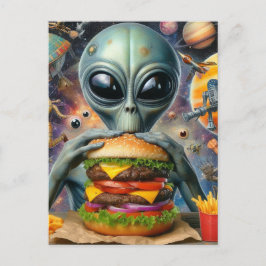 Cartão Postal Engraçado Alienígena Comendo Cheeseburger