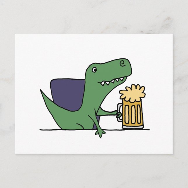 Cartão Postal Engraçado Bebendo de Dinossauro Verde T-Rex Beer (Frente)