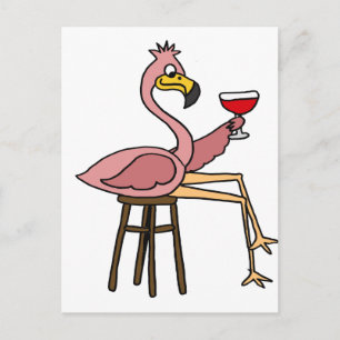 Cartão Postal Engraçado Bebendo Flamingo Rosa, Rosa, Vinho Verm