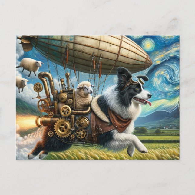 Cartão Postal Engraçado Borda Steampunk Collie com Ovelhas e Bli (Frente)
