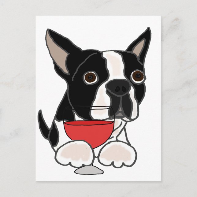 Cartão Postal Engraçado Boston Terrier Dog Bebendo Wine Art (Frente)